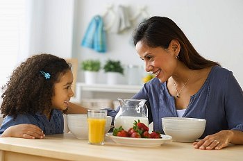 Mother and daughter share breakfast