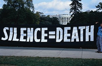 Silence Equals Death banner in front of the White House