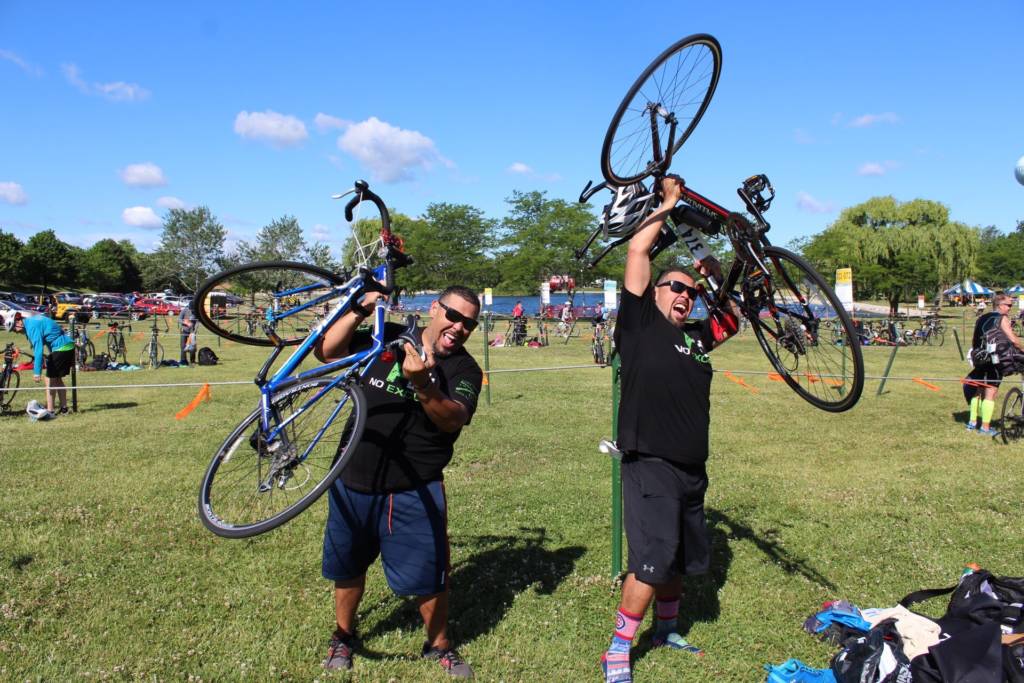 Twin brothers Roberto (left) and Luis Hernandez at a recent triathlon in Chicago.